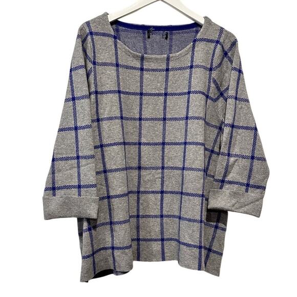 Cynthia Rowley Grey Blue 3/4 Sleeve Checkered Knit Pullover Sweater Work Office - Picture 1 of 8